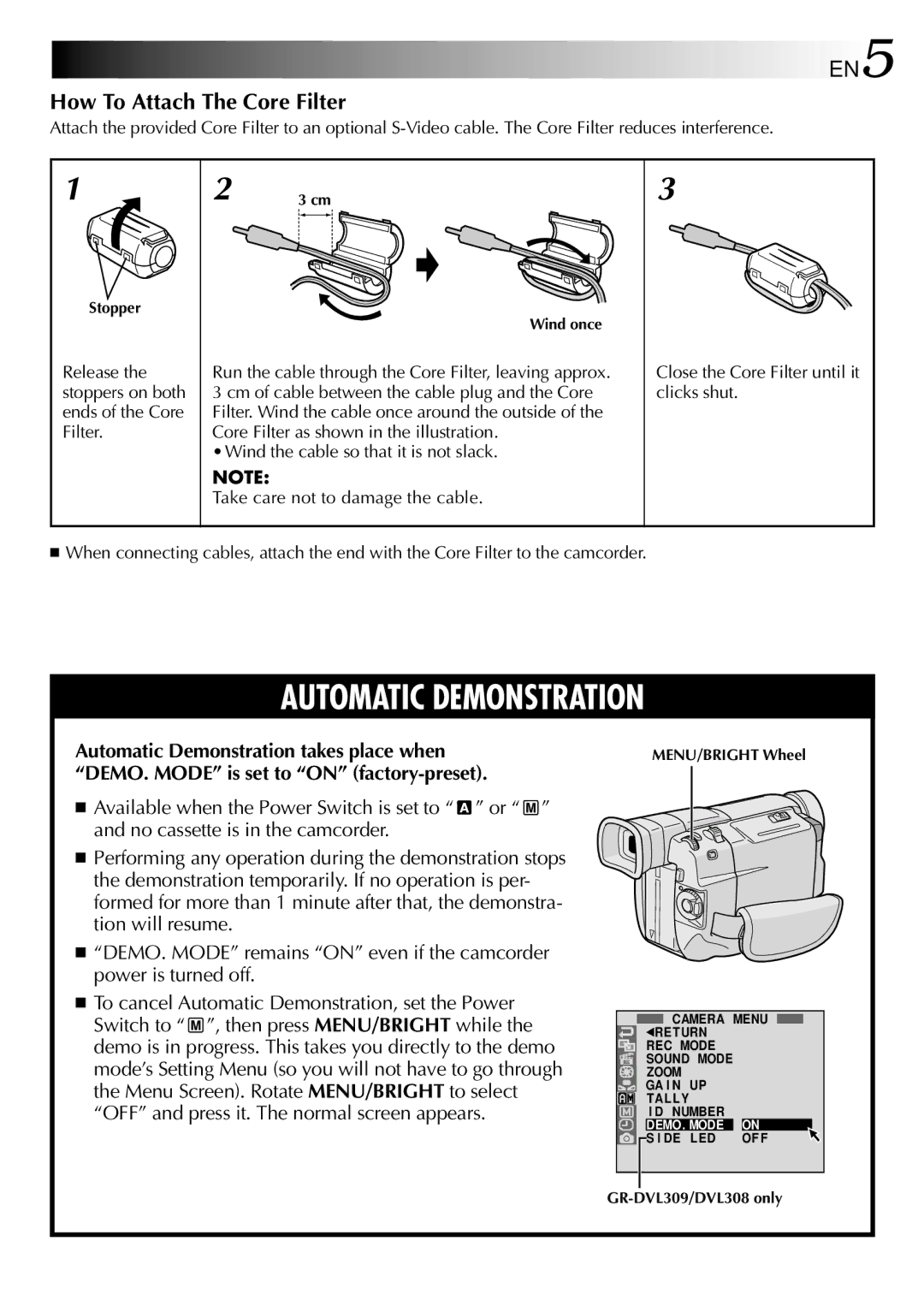 JVC GR-DVL309, GR-DVL109, GR-DVL108 How To Attach The Core Filter, Release the stoppers on both ends of the Core Filter 