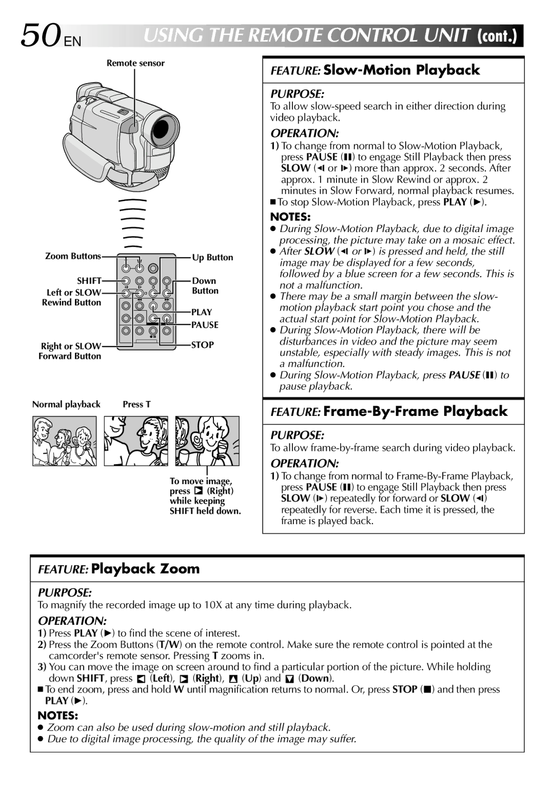 JVC GR-DVL108, GR-DVL109 50 EN, Feature Slow-Motion Playback, Feature Frame-By-Frame Playback, Feature Playback Zoom 