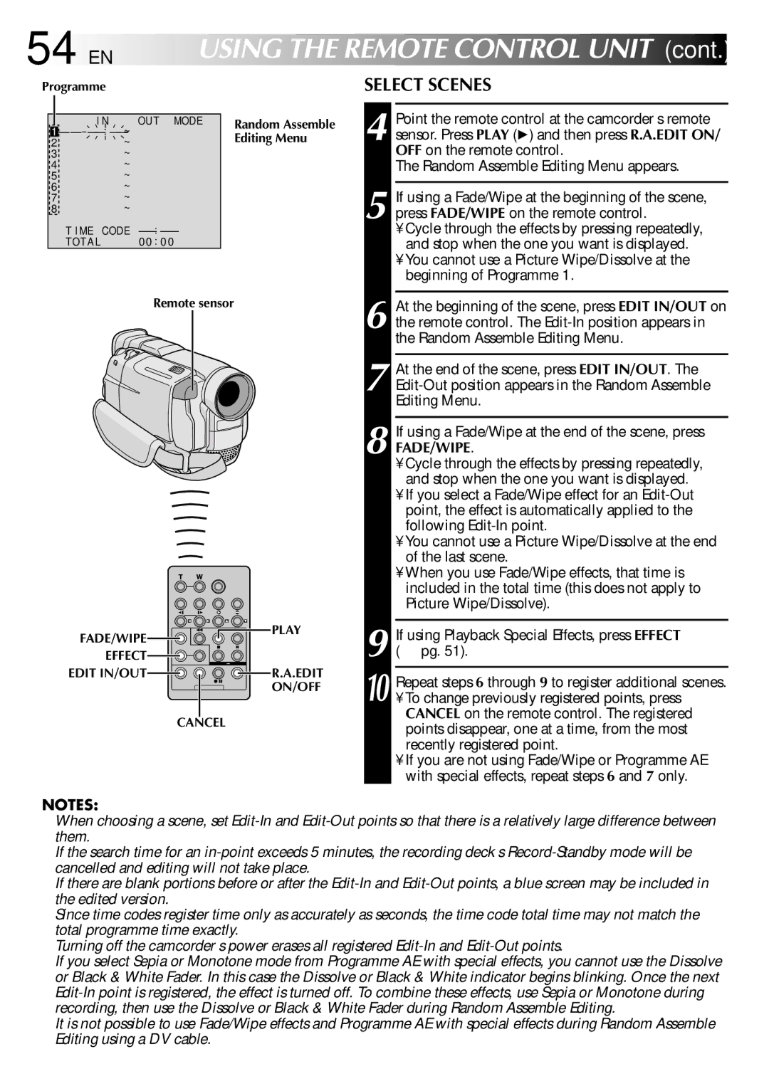 JVC GR-DVL108, GR-DVL109, GR-DVL309, GR-DVL308 specifications 54 EN, Select Scenes, Programme, Editing Menu 