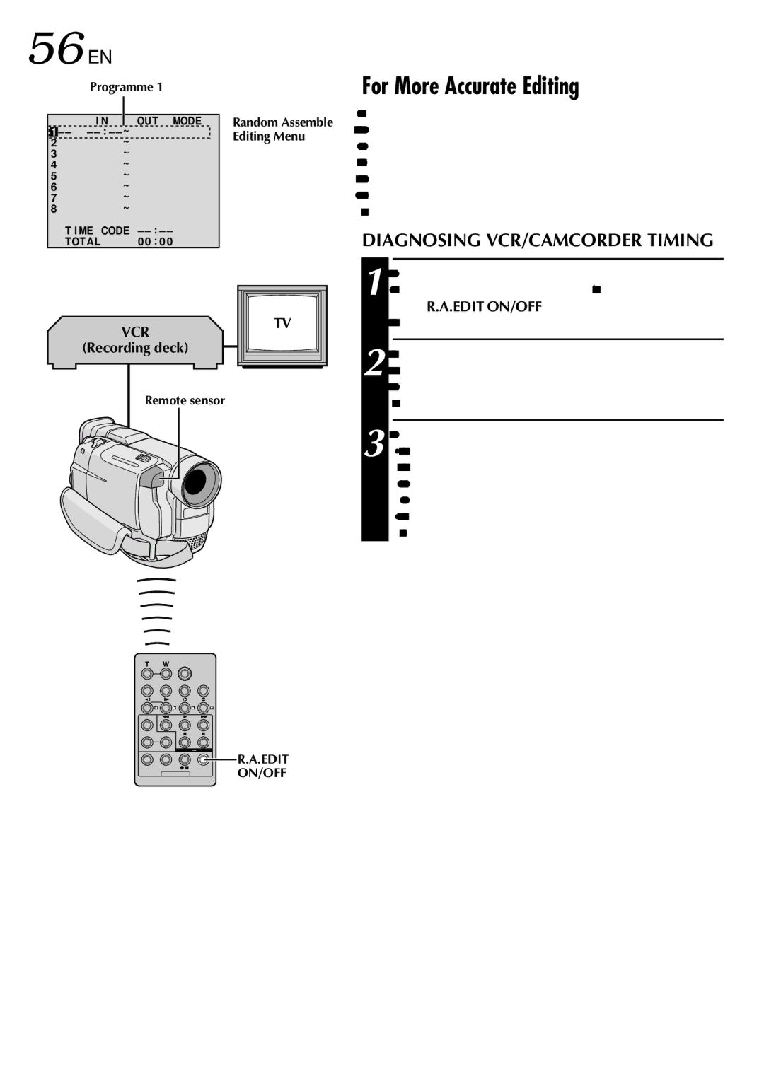 JVC GR-DVL109, GR-DVL309, GR-DVL108 56 EN, For More Accurate Editing, Diagnosing VCR/CAMCORDER Timing, Recording deck 