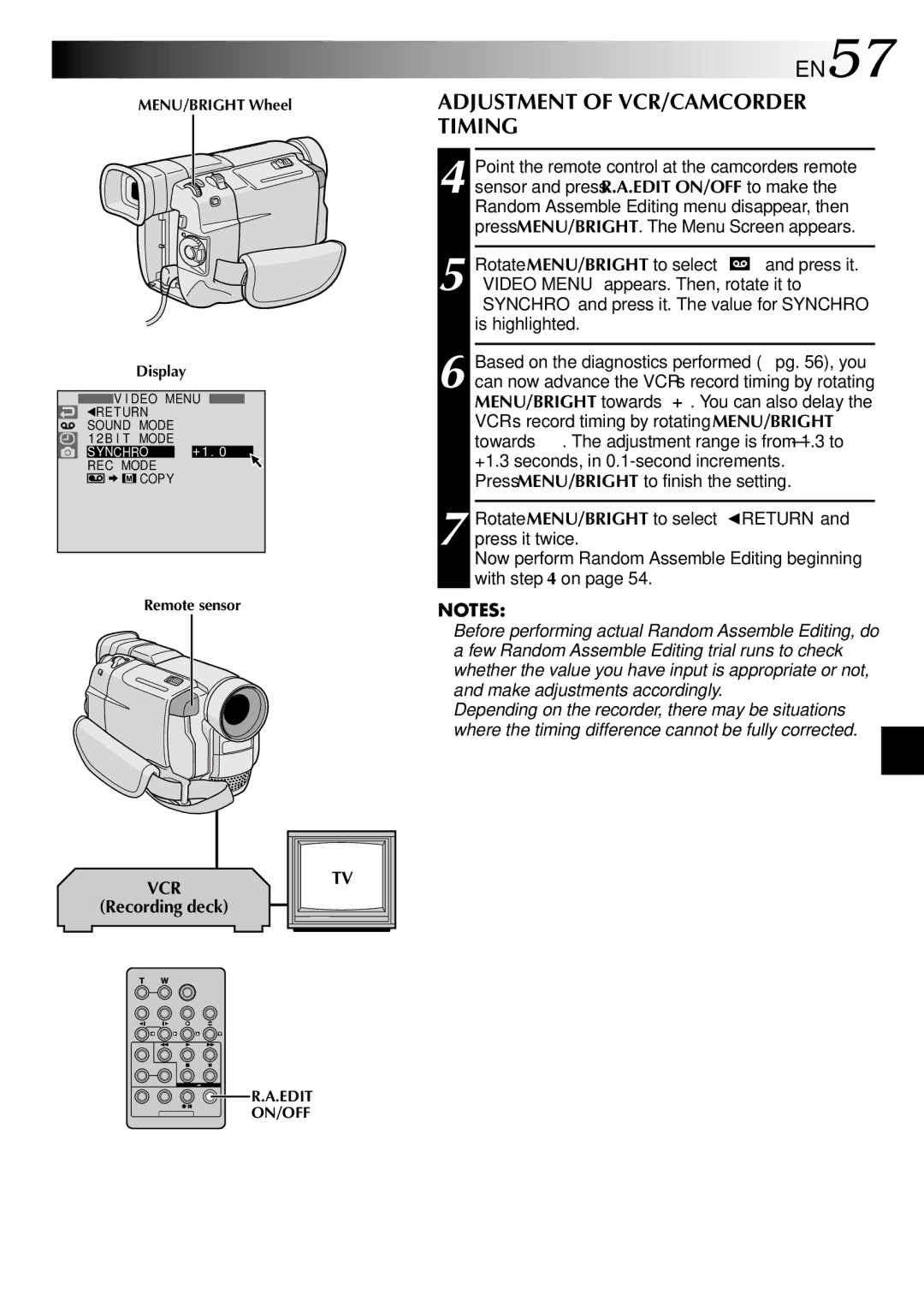 JVC GR-DVL309, GR-DVL109, GR-DVL108, GR-DVL308 EN57, Adjustment of VCR/CAMCORDER Timing, MENU/BRIGHT Wheel Display 