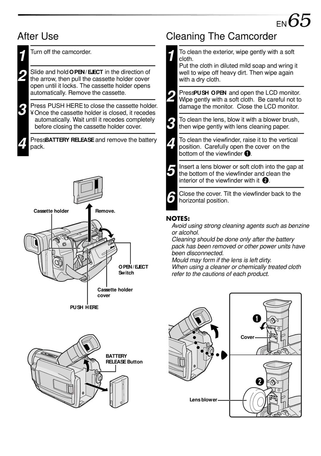 JVC GR-DVL309 After Use Cleaning The Camcorder, Turn off the camcorder, Press Push Here to close the cassette holder 