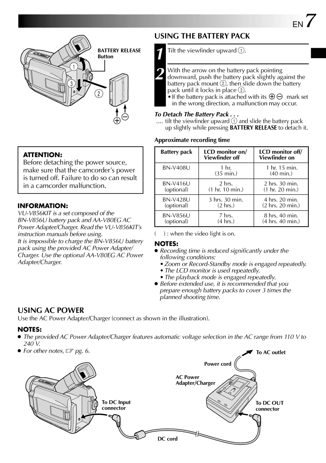 JVC GR-DVL308, GR-DVL109 Using the Battery Pack, Using AC Power, To Detach The Battery Pack, Approximate recording time 