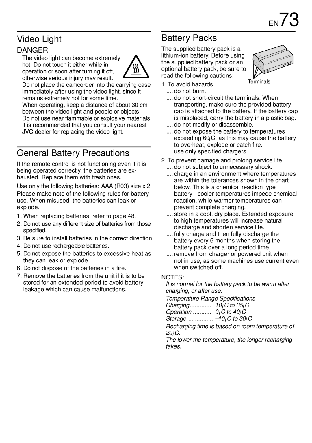 JVC GR-DVL309, GR-DVL109, GR-DVL108, GR-DVL308 EN73, To avoid hazards, To prevent damage and prolong service life 