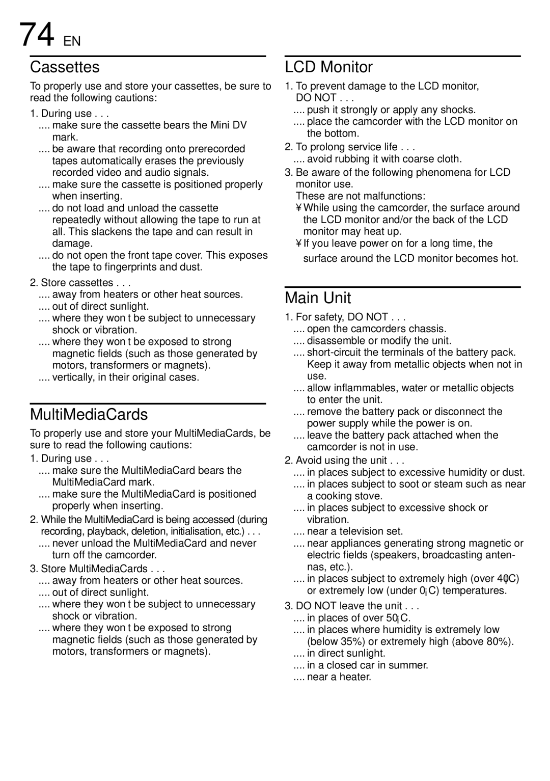 JVC GR-DVL108, GR-DVL109, GR-DVL309, GR-DVL308 specifications 74 EN 