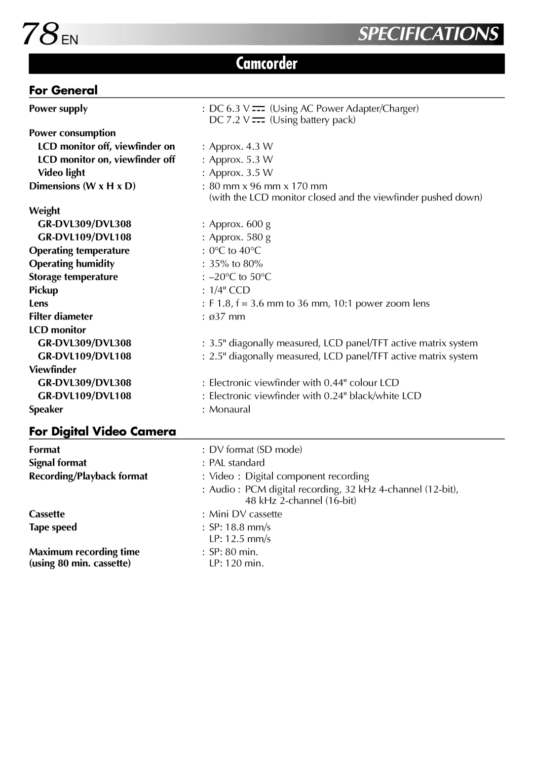 JVC GR-DVL108, GR-DVL109, GR-DVL309, GR-DVL308 specifications 78 EN, For General, For Digital Video Camera 