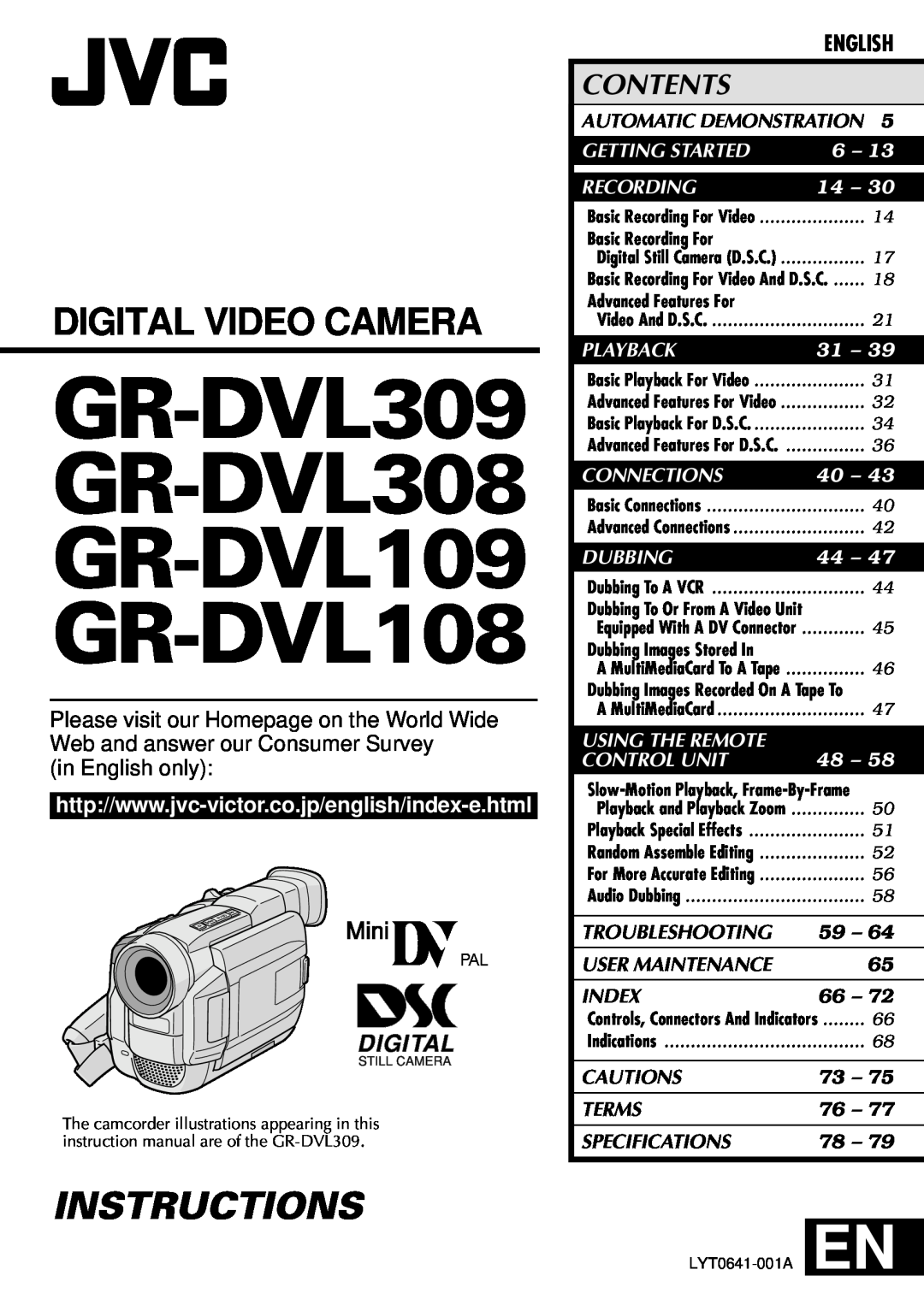 JVC GR-DVL309 specifications in English only, Troubleshooting, User Maintenance, Index, Cautions, Terms, Specifications 