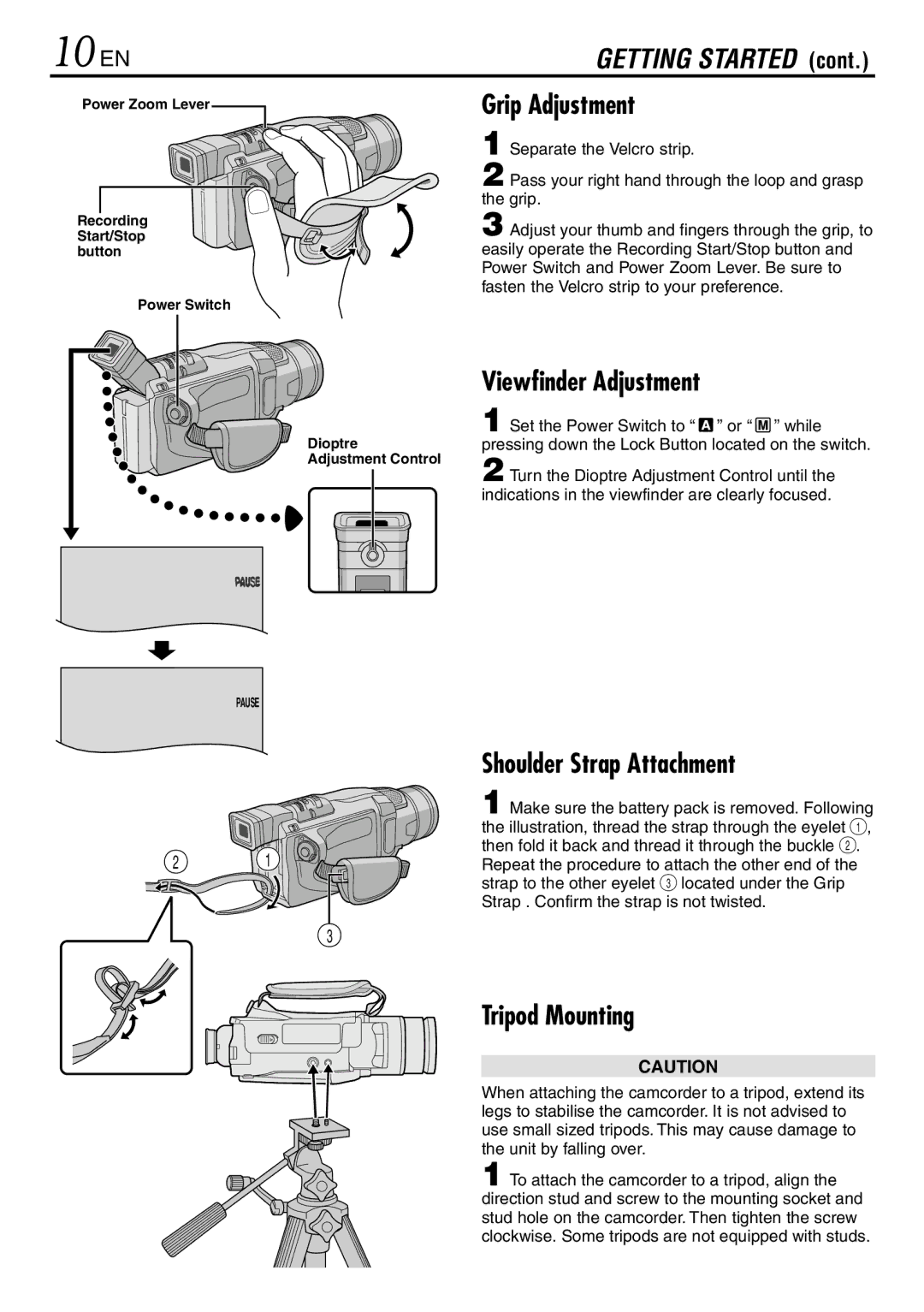 JVC GR-DVL120 specifications 10 EN, Grip Adjustment, Viewfinder Adjustment, Shoulder Strap Attachment, Tripod Mounting 