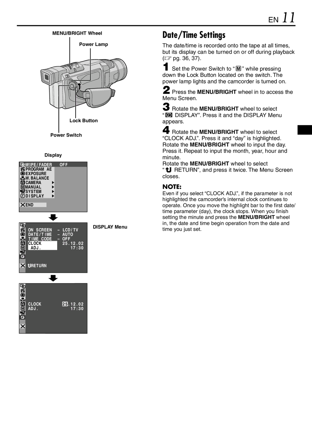 JVC GR-DVL120 specifications Date/Time Settings 