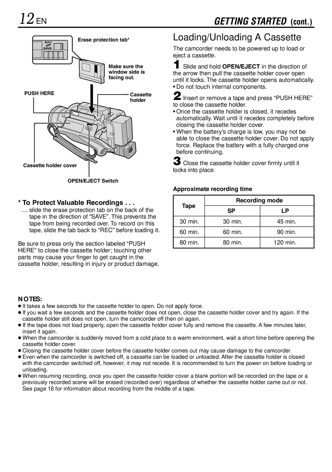 JVC GR-DVL120 specifications 12 EN, Loading/Unloading a Cassette, Approximate recording time Tape Recording mode 