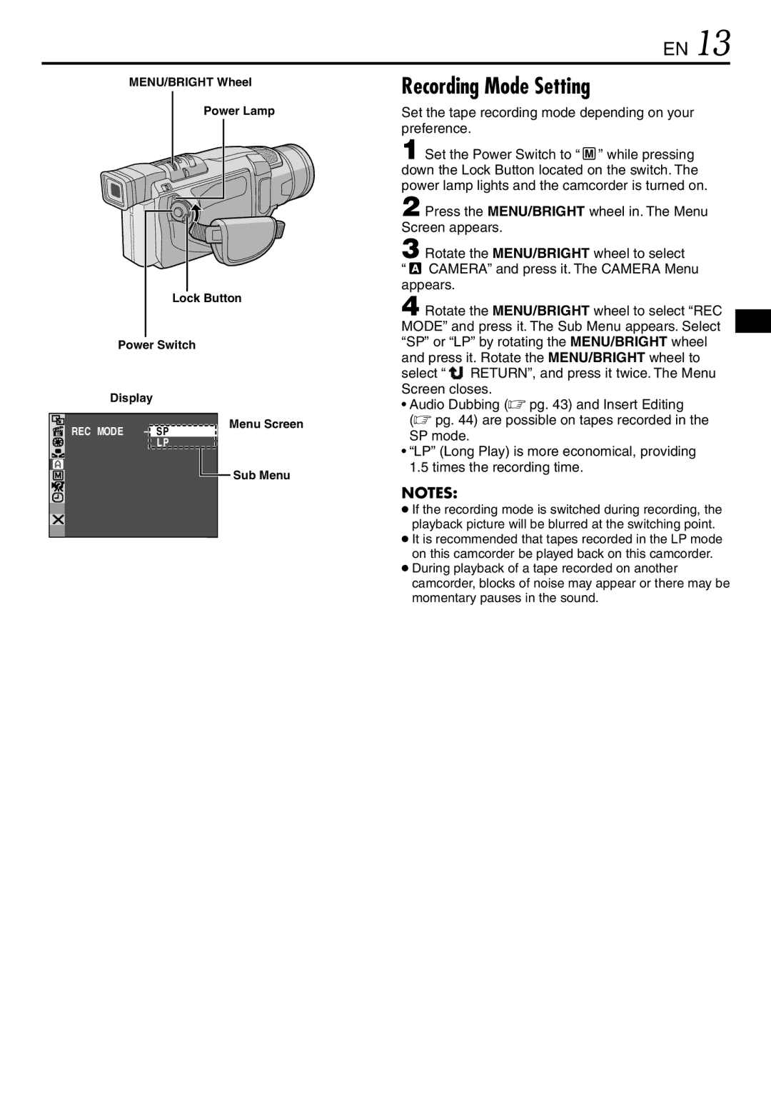 JVC GR-DVL120 specifications Recording Mode Setting, Set the tape recording mode depending on your preference, SP mode 