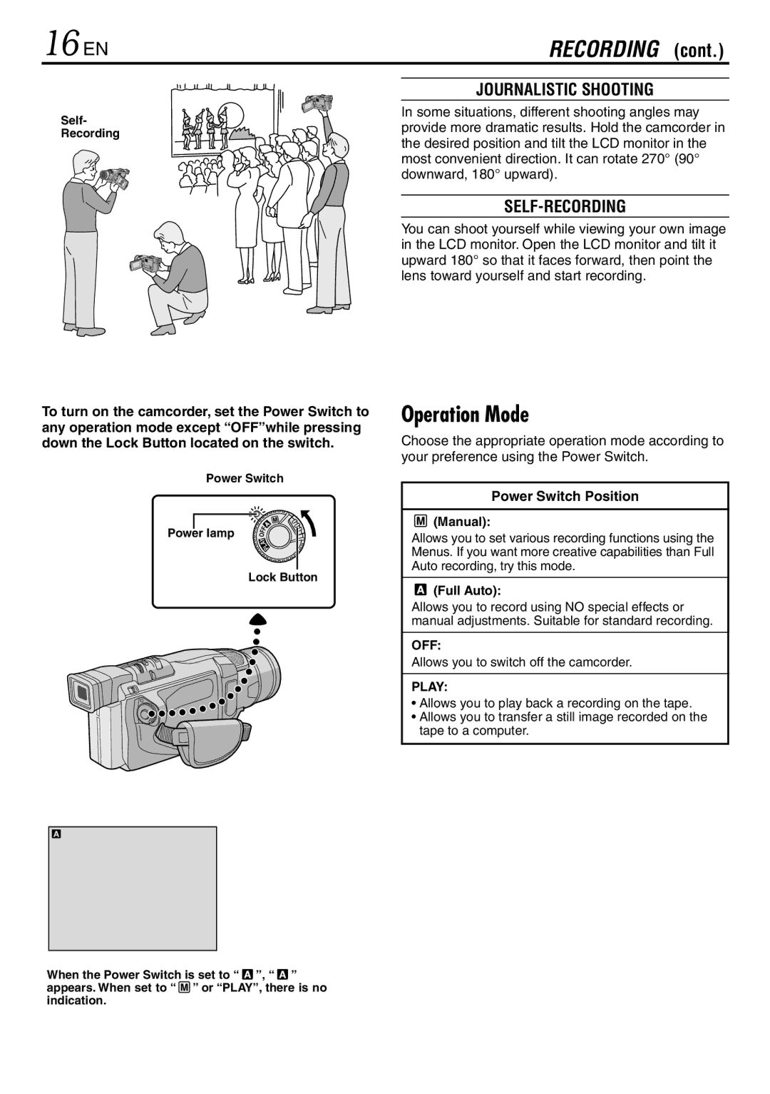 JVC GR-DVL120 specifications 16 EN, Operation Mode, Power Switch Position 