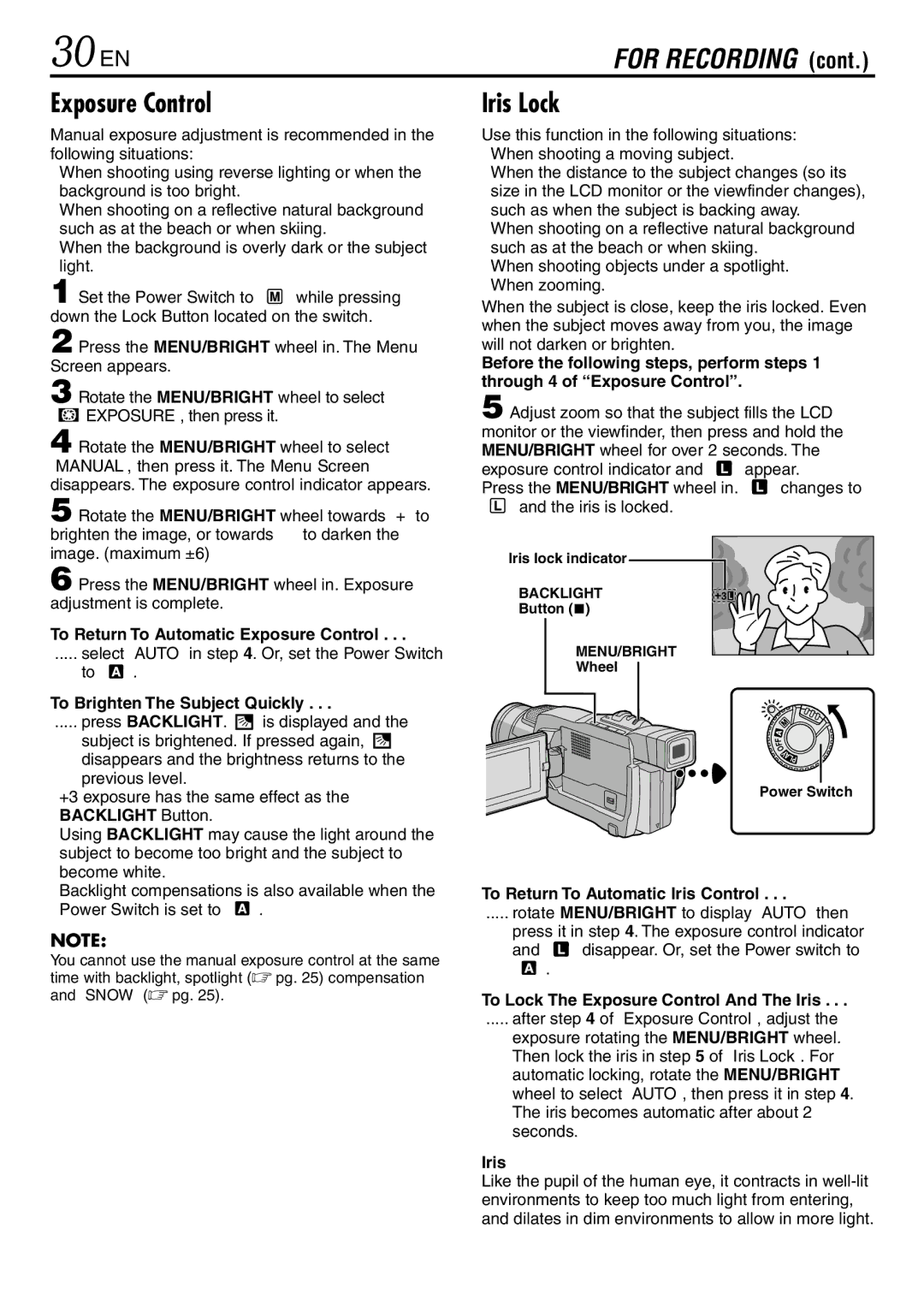 JVC GR-DVL120 specifications 30 EN, Exposure Control, Iris Lock 