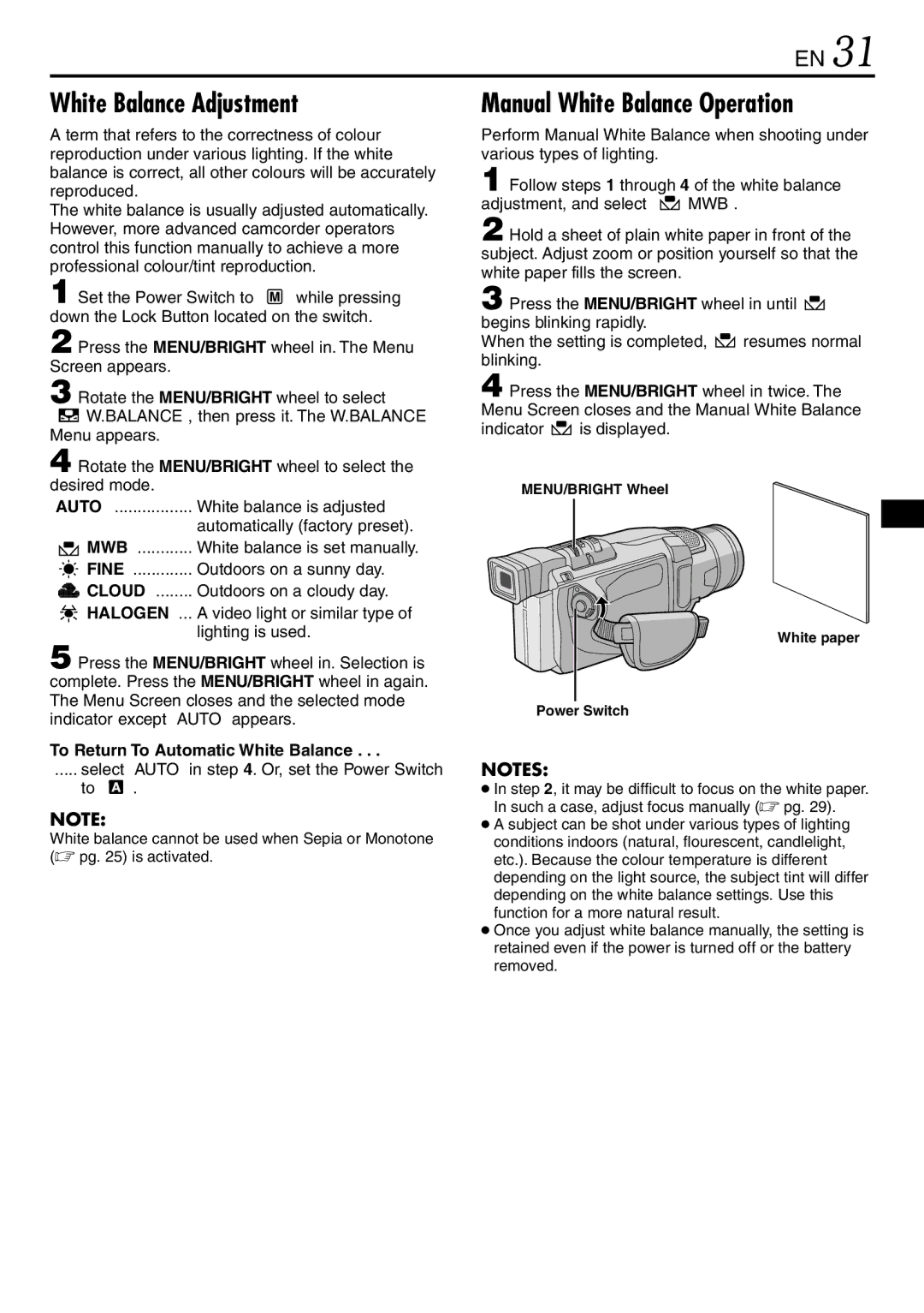 JVC GR-DVL120 specifications White Balance Adjustment, Manual White Balance Operation, To Return To Automatic White Balance 