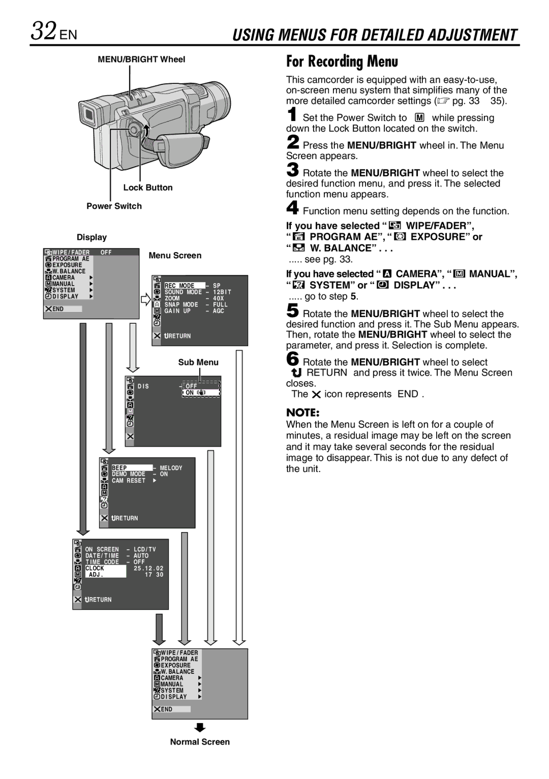 JVC GR-DVL120 32 EN, For Recording Menu, See pg, If you have selected CAMERA, Manual System or Display, Go to step 