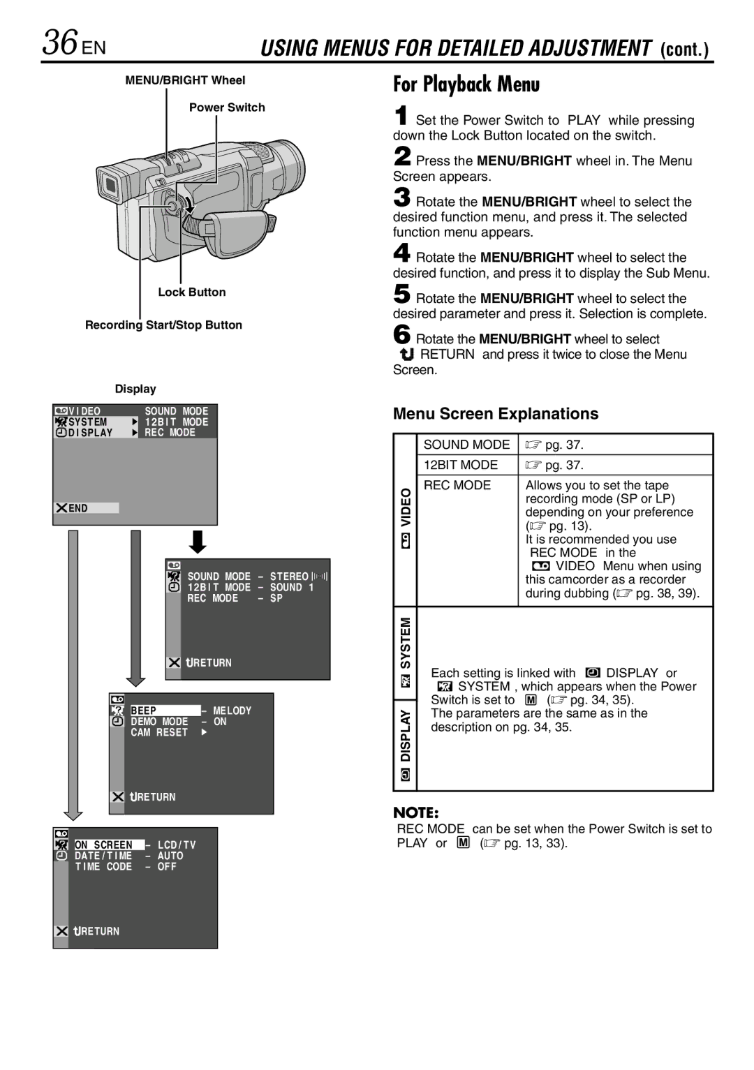 JVC GR-DVL120 specifications 36 EN, For Playback Menu 