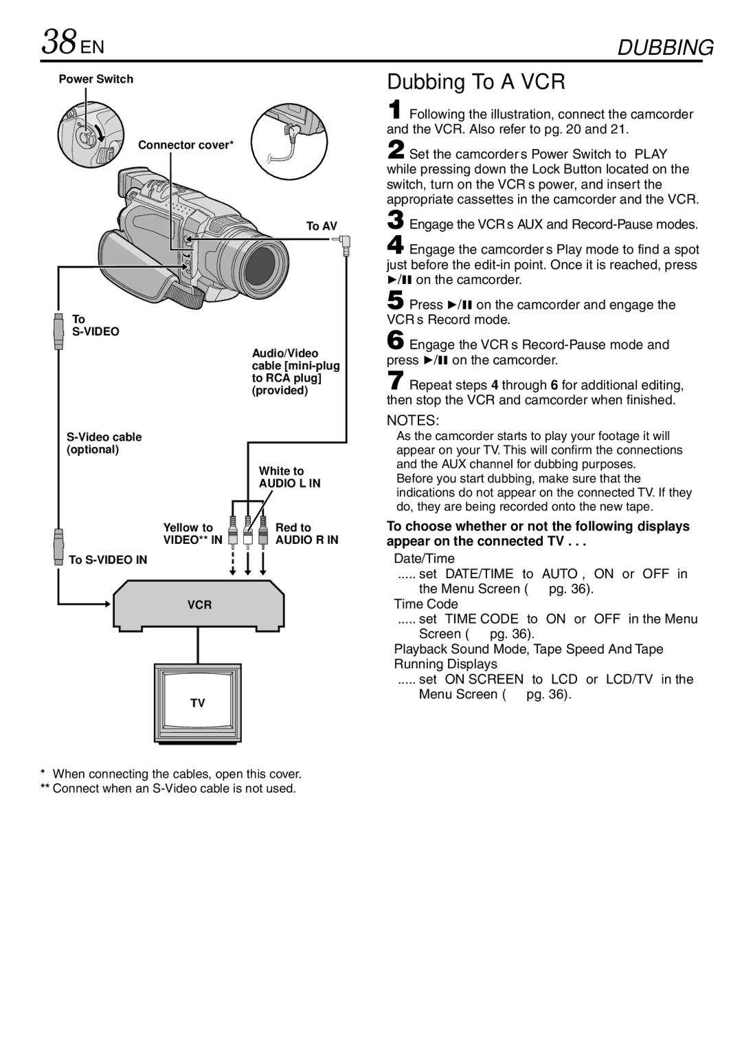 JVC GR-DVL120 specifications 38 EN, Dubbing To a VCR, Date/Time Set DATE/TIME to AUTO, on or OFF Menu Screen  pg 