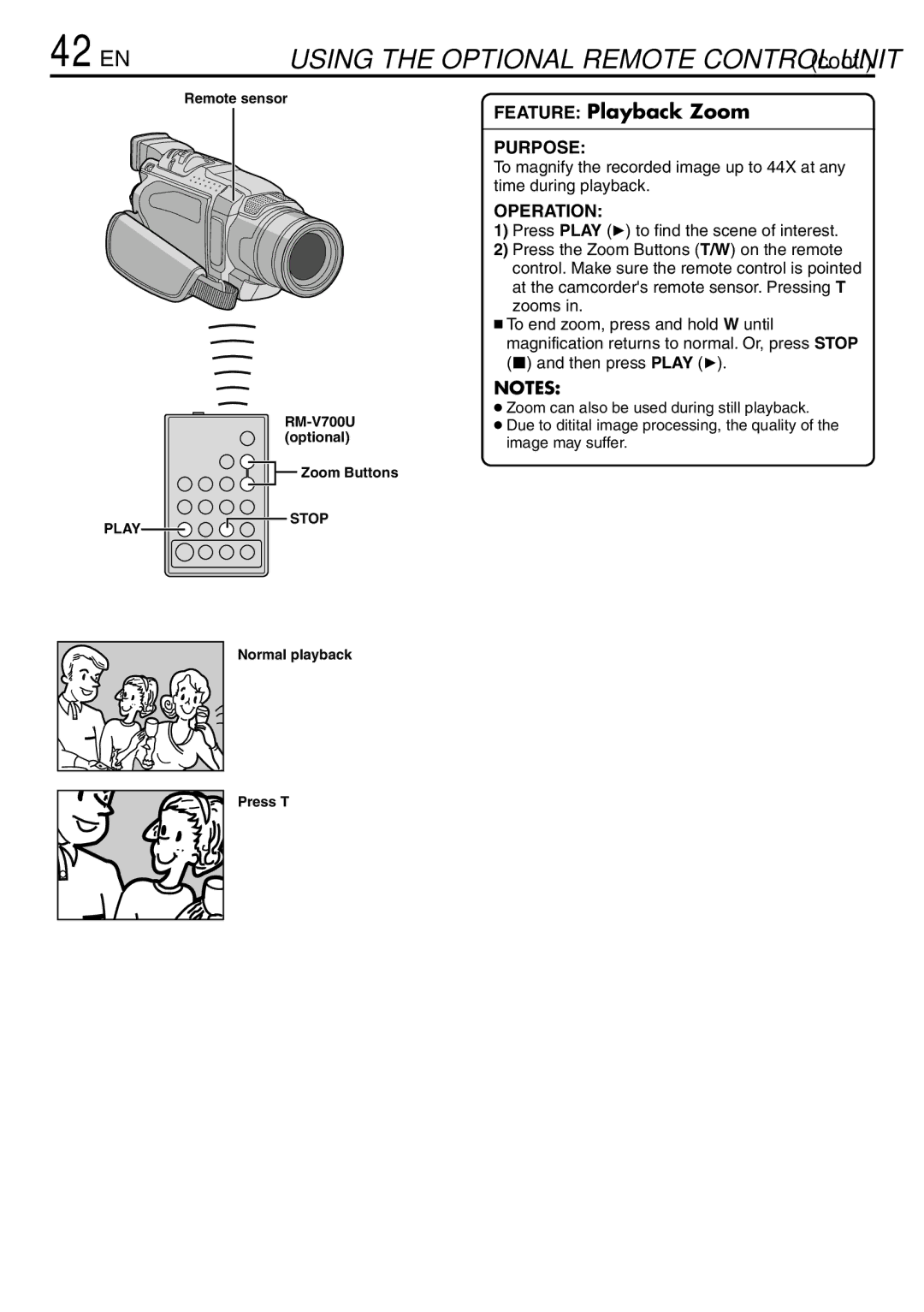 JVC GR-DVL120 specifications 42 EN, Remote sensor RM-V700U optional Zoom Buttons, Normal playback Press T 