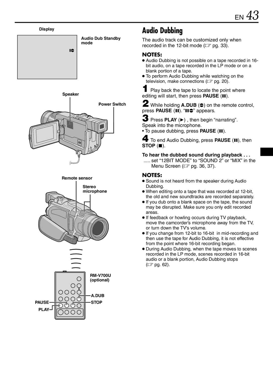 JVC GR-DVL120 Audio Dubbing, To hear the dubbed sound during playback, Set 12BIT Mode to Sound 2 or MIX Menu Screen  pg 