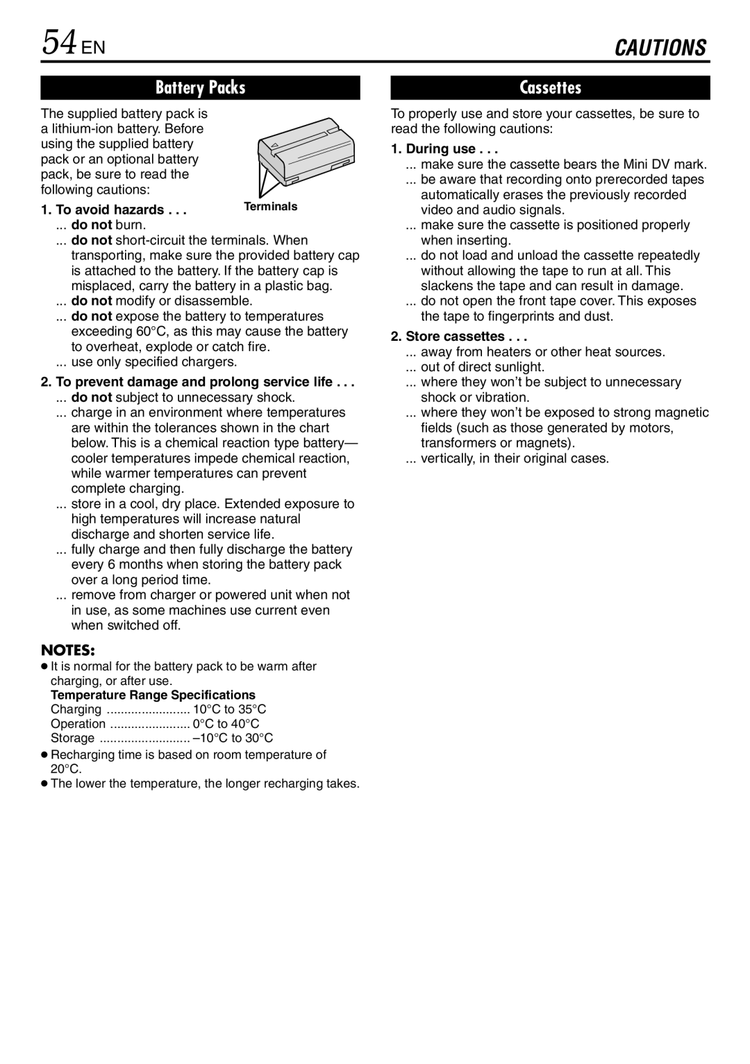 JVC GR-DVL120 54 EN, To avoid hazards, To prevent damage and prolong service life, During use, Store cassettes 