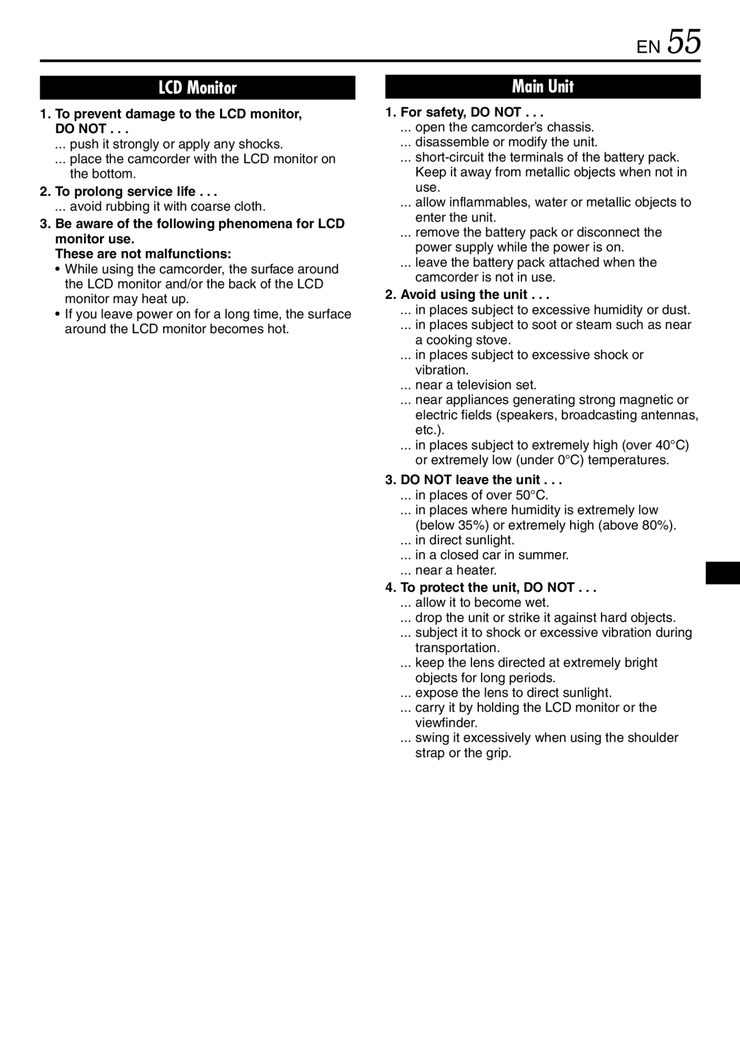 JVC GR-DVL120 specifications To prevent damage to the LCD monitor, do not, To prolong service life, For safety, do not 