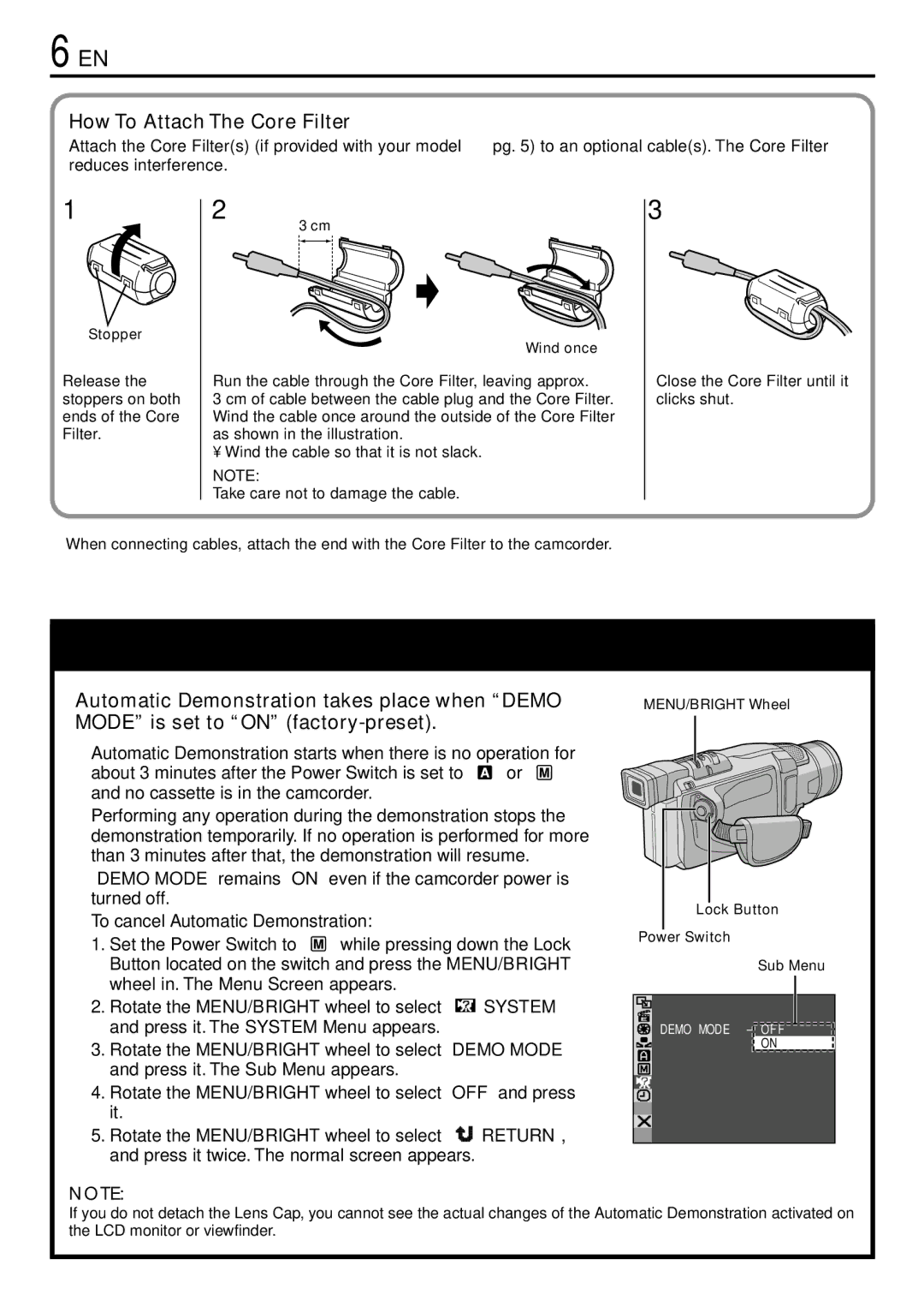 JVC GR-DVL120 How To Attach The Core Filter, Stopper Wind once, MENU/BRIGHT Wheel Lock Button Power Switch Sub Menu 