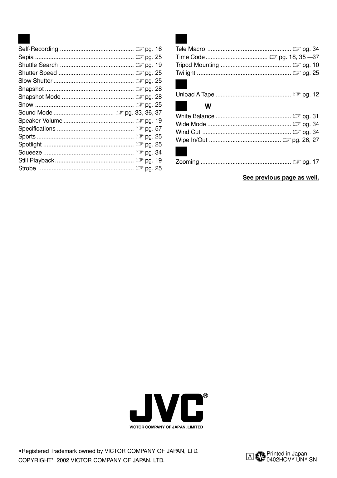 JVC GR-DVL120 specifications Pg , 35, Unload a Tape, White Balance, See previous page as well 