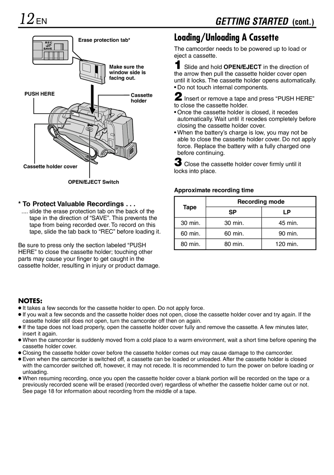 JVC GR-DVL145 specifications 12 EN, Loading/Unloading a Cassette, Approximate recording time Tape Recording mode 