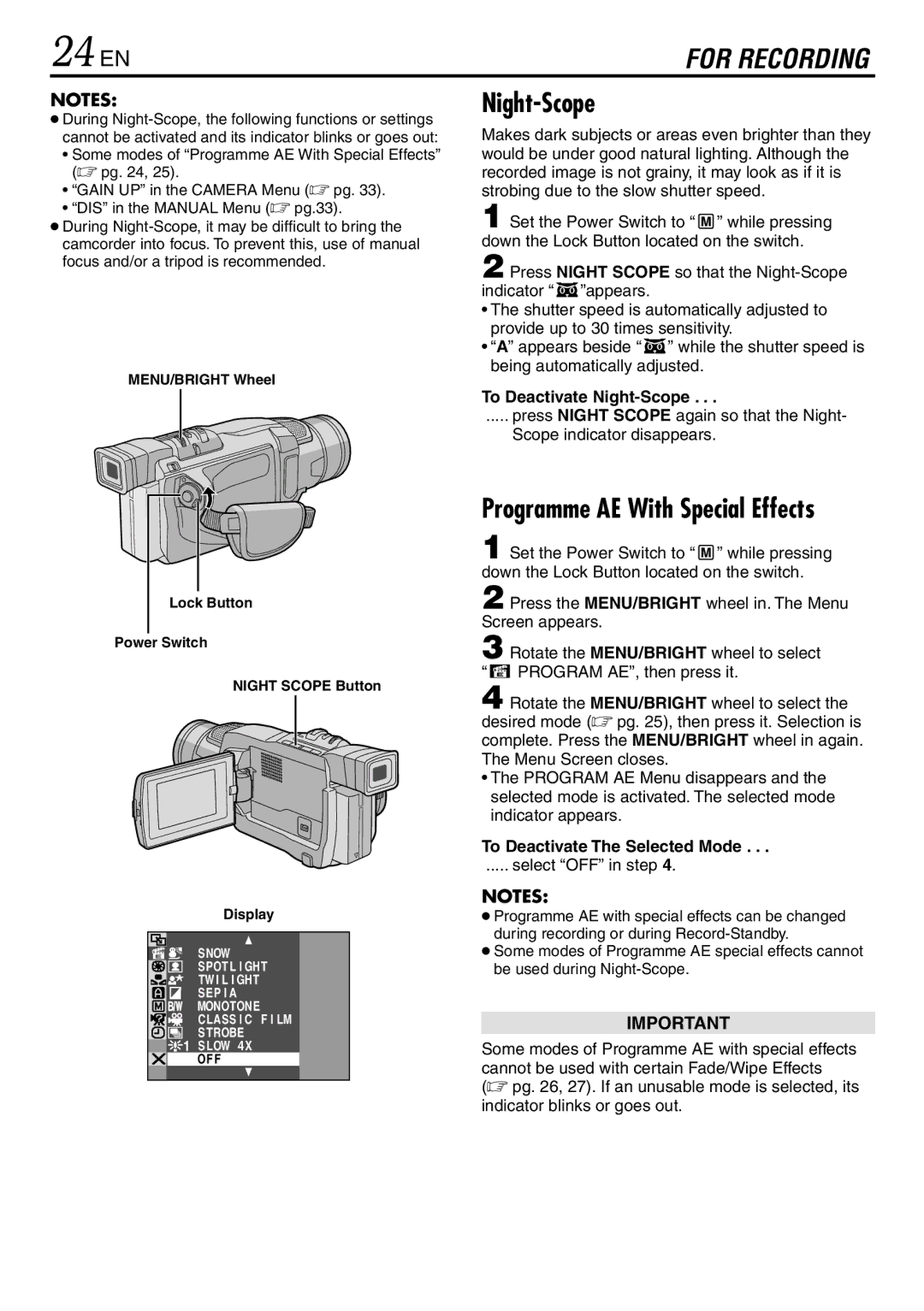 JVC GR-DVL145 specifications 24 EN, To Deactivate Night-Scope, To Deactivate The Selected Mode, Select OFF in step 