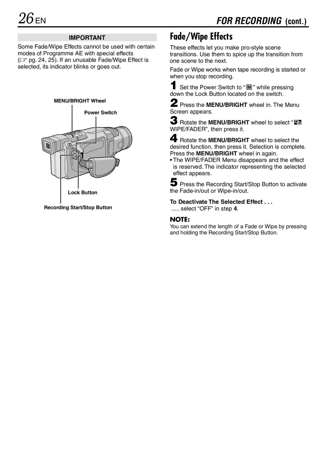 JVC GR-DVL145 specifications 26 EN, Fade/Wipe Effects, To Deactivate The Selected Effect 