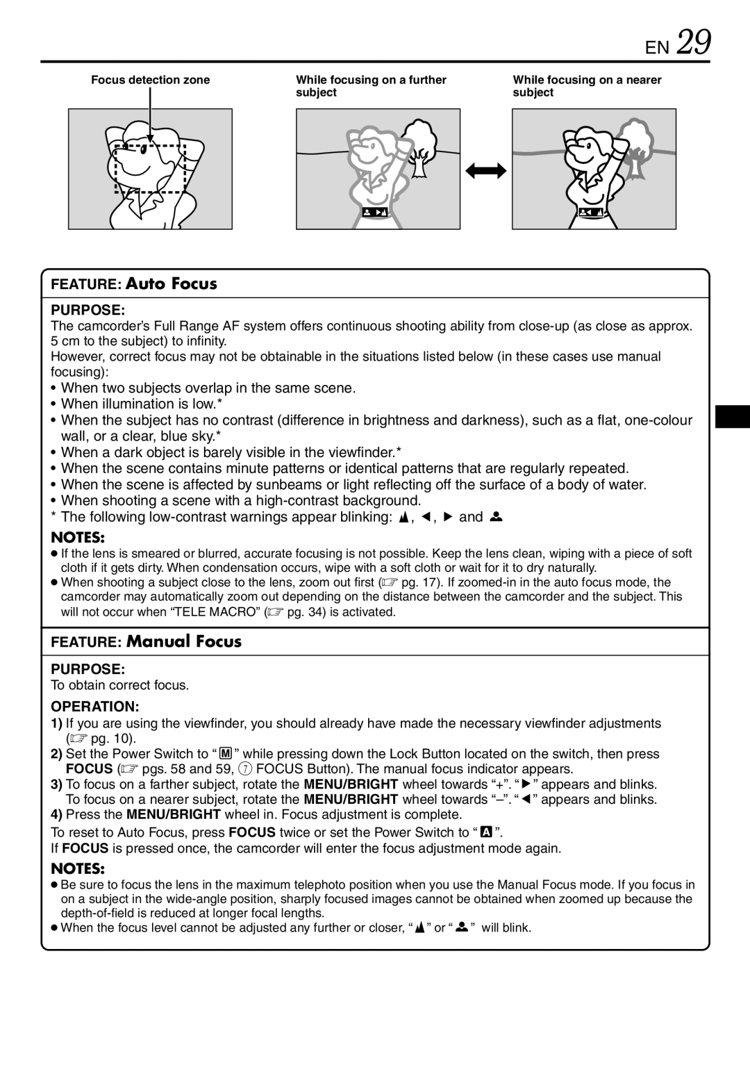 JVC GR-DVL145 specifications To obtain correct focus, Focus detection zone, Subject, While focusing on a nearer subject 