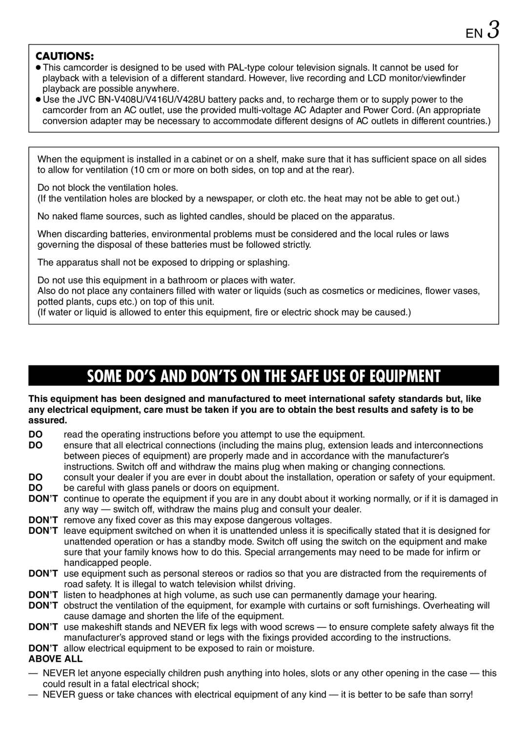 JVC GR-DVL145 specifications Some DO’S and DON’TS on the Safe USE of Equipment 