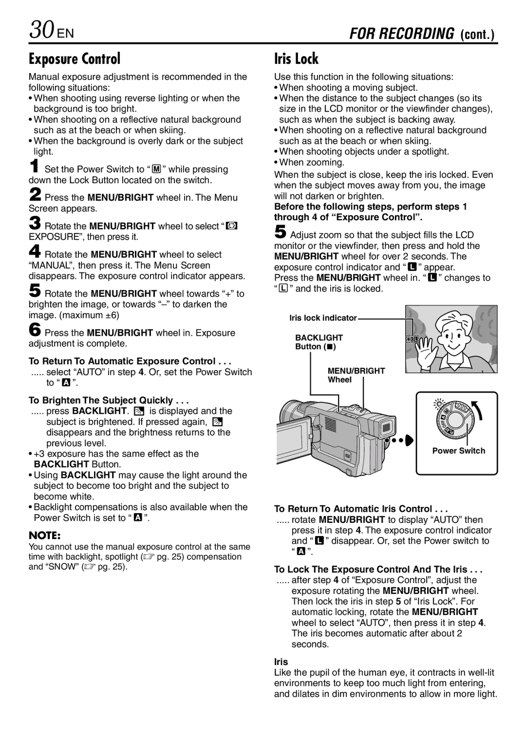 JVC GR-DVL145 specifications 30 EN, Exposure Control, Iris Lock 