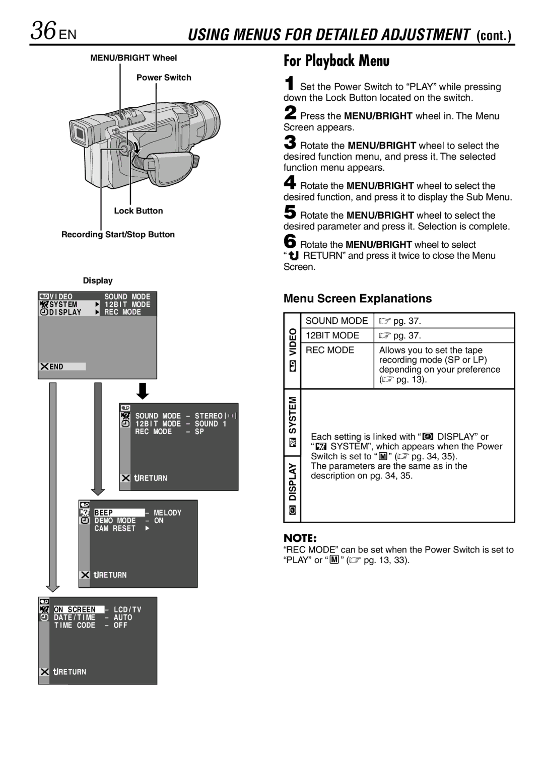 JVC GR-DVL145 specifications 36 EN, For Playback Menu 