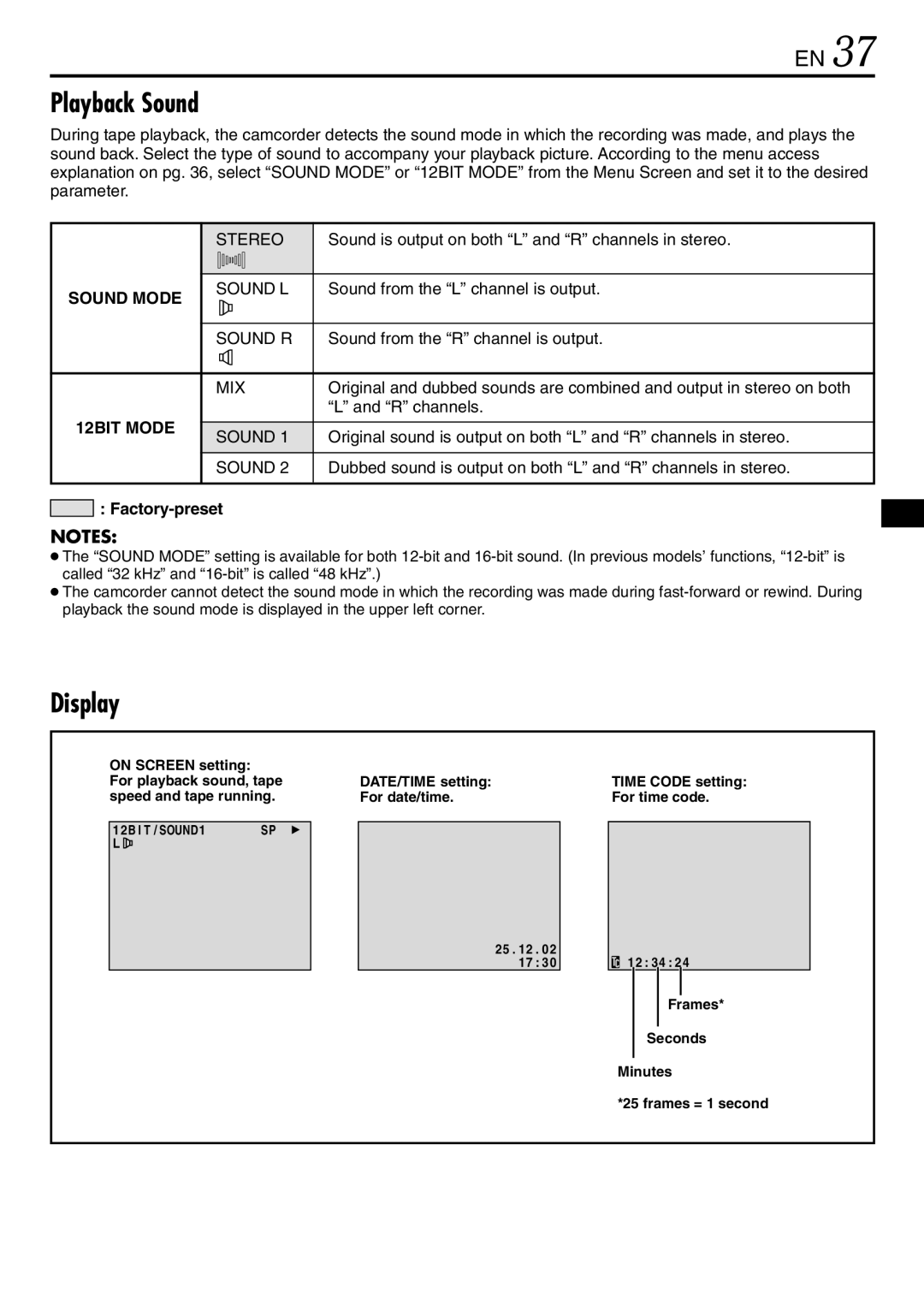 JVC GR-DVL145 specifications Playback Sound, Display 