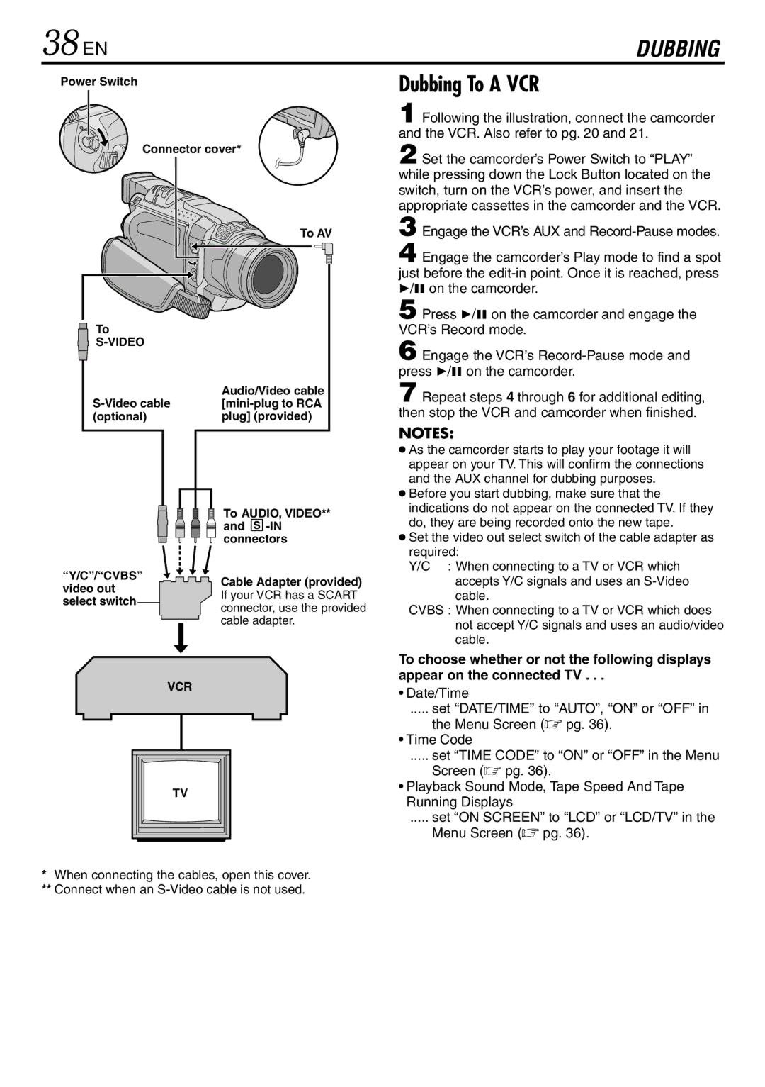 JVC GR-DVL145 specifications 38 EN, Dubbing To a VCR, Power Switch Connector cover To AV, Cable adapter 