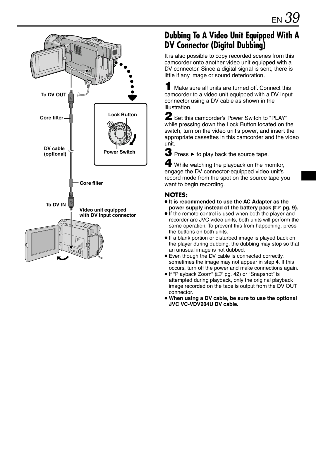 JVC GR-DVL145 specifications To DV OUT, Core filter Lock Button, DV cable, Optional, Core filter To DV 