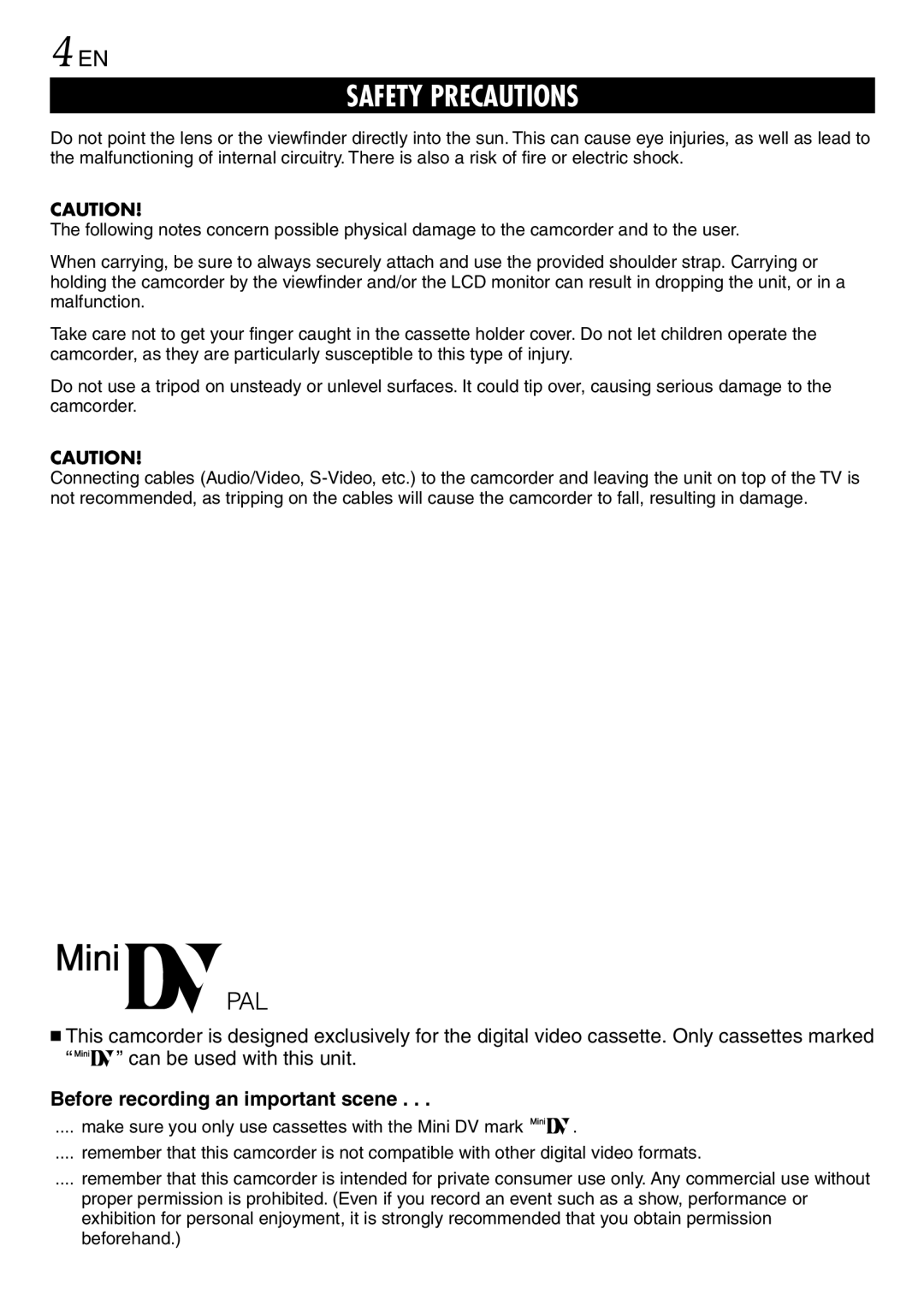 JVC GR-DVL145 specifications Before recording an important scene 