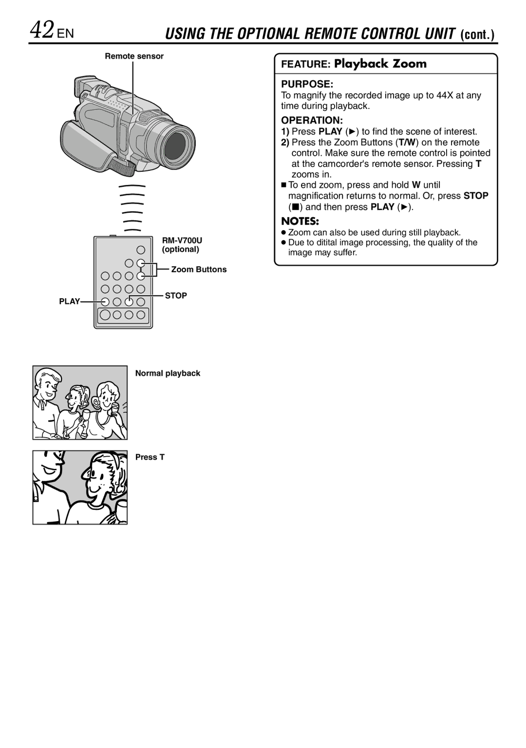 JVC GR-DVL145 specifications 42 EN, Remote sensor RM-V700U optional Zoom Buttons, Normal playback Press T 