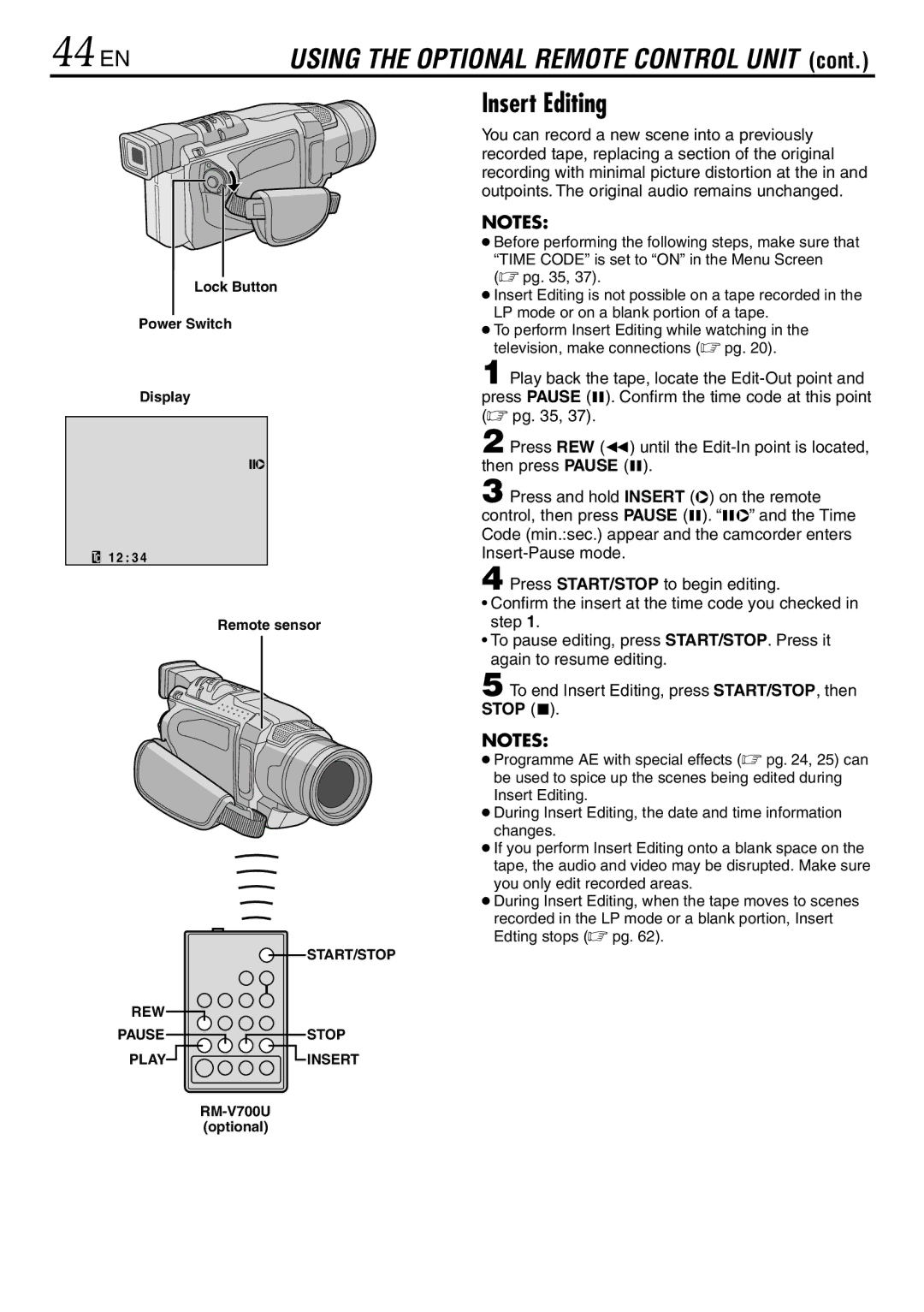 JVC GR-DVL145 specifications 44 EN, Insert Editing, Lock Button Power Switch Display 