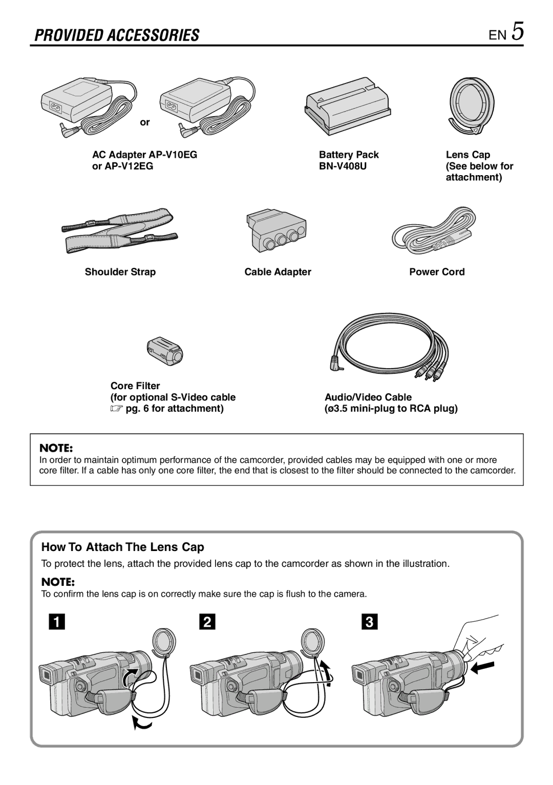 JVC GR-DVL145 How To Attach The Lens Cap, Attachment, Shoulder Strap Cable Adapter, See below for, Power Cord 