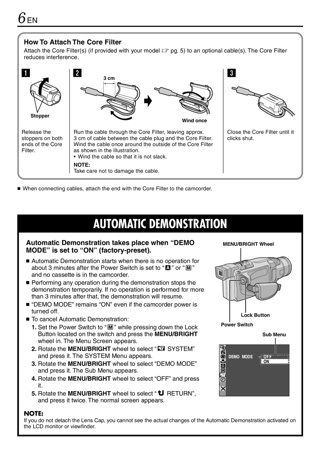 JVC GR-DVL145 How To Attach The Core Filter, Stopper Wind once, MENU/BRIGHT Wheel Lock Button Power Switch Sub Menu 