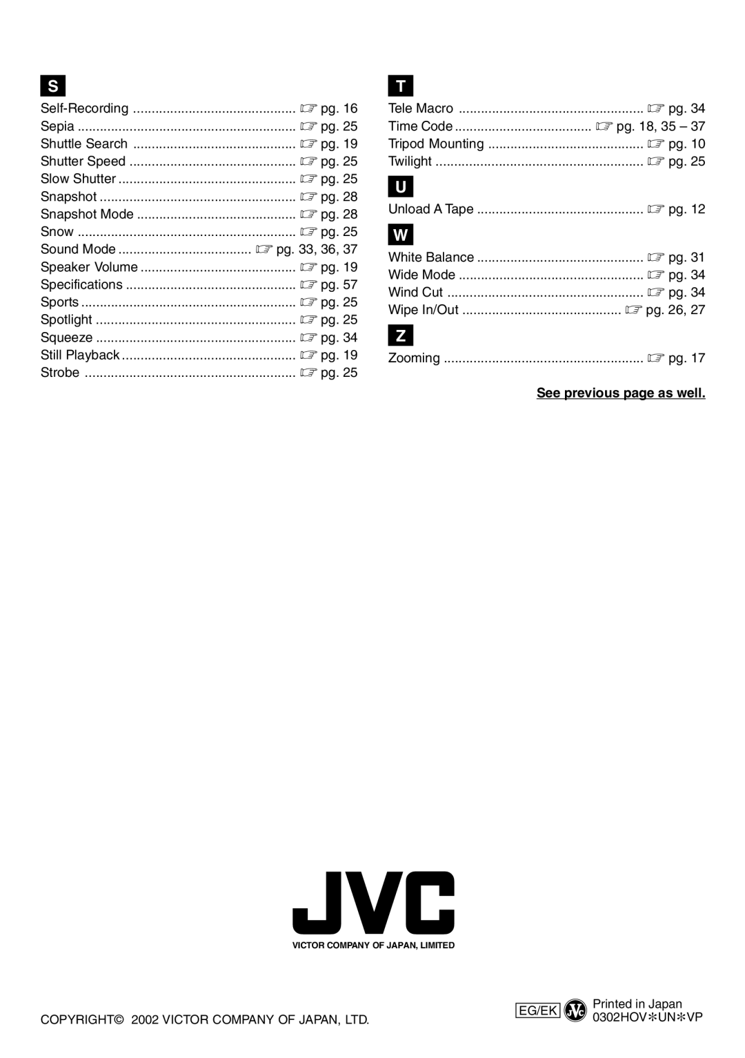 JVC GR-DVL145 specifications Pg , 35, Unload a Tape, White Balance, See previous page as well 