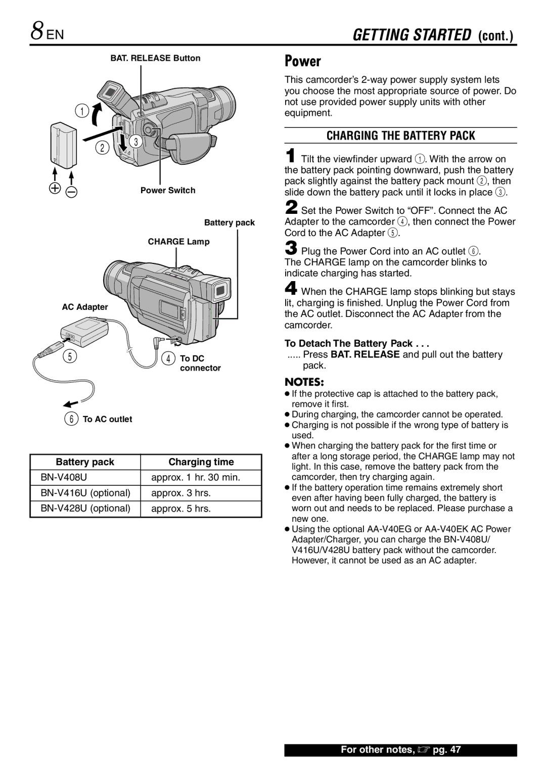 JVC GR-DVL145 specifications Power, Charging time, Approx hrs, To Detach The Battery Pack 