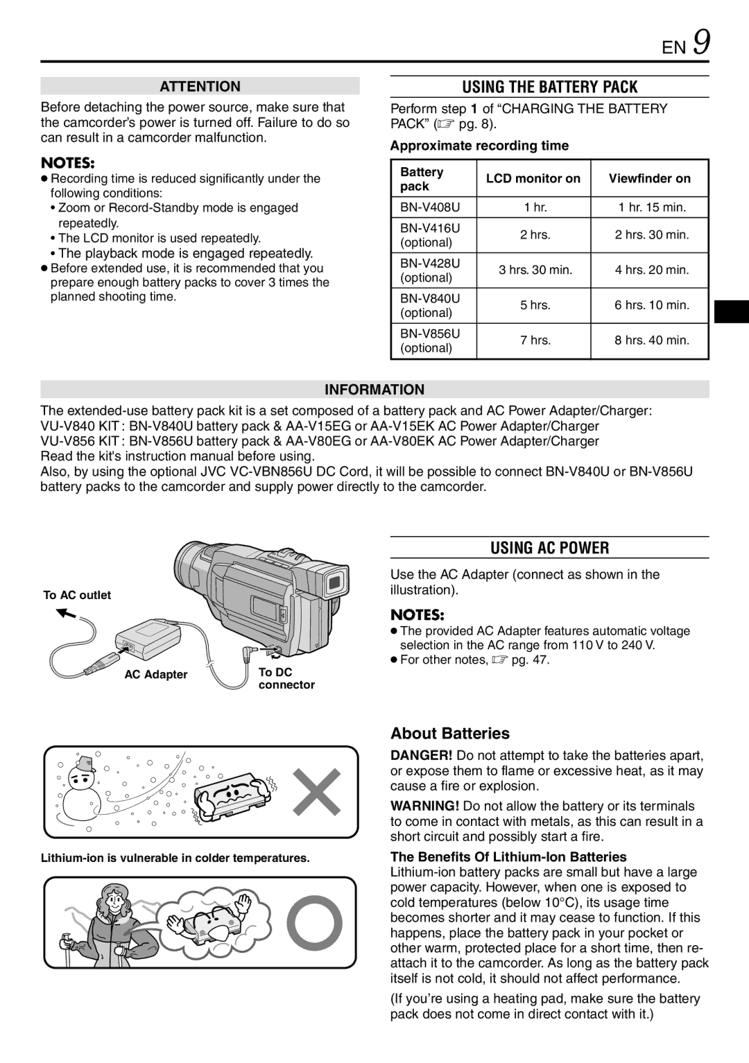 JVC GR-DVL145 specifications About Batteries, Approximate recording time, Benefits Of Lithium-Ion Batteries 