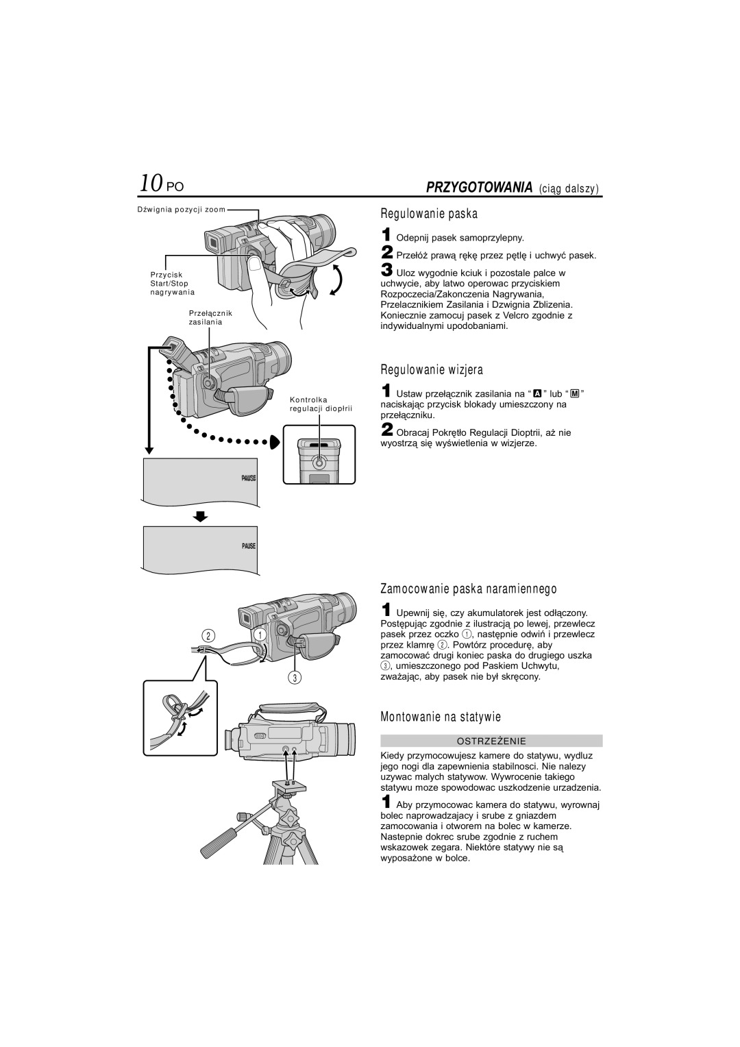 JVC GR-DVL145 manual 10 PO, Regulowanie paska, Regulowanie wizjera, Montowanie na statywie, Dźwignia pozycji zoom Przycisk 