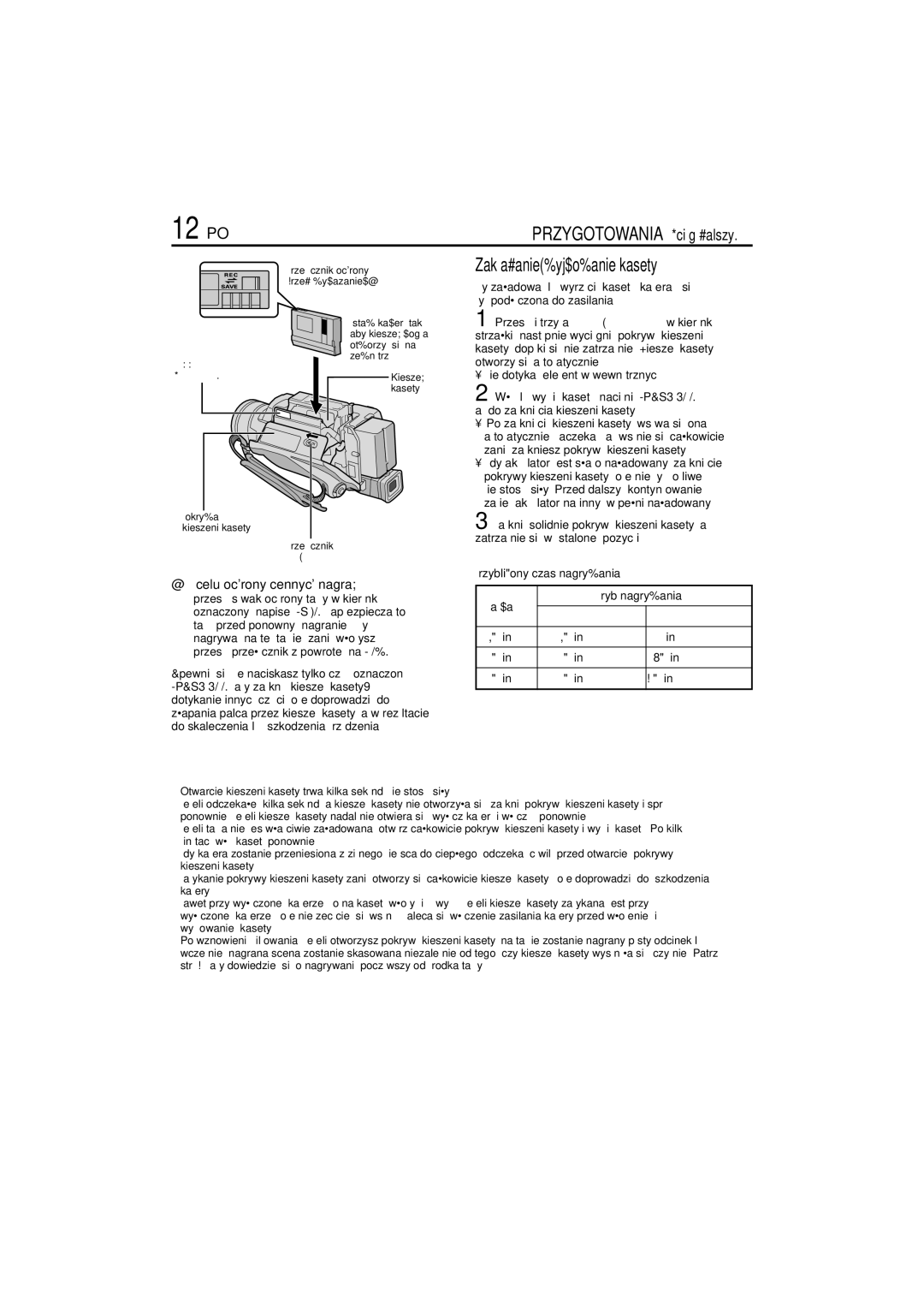 JVC GR-DVL145 manual 12 PO, Przybliżony czas nagrywania Taśma Tryb nagrywania, Zewnątrz, Naciśnij TUTAJKieszeń kasety 