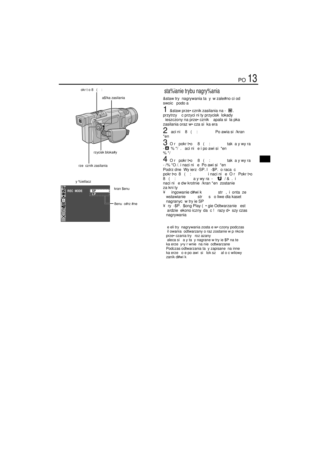 JVC GR-DVL145 manual Ustawianie trybu nagrywania, Ekran menu 