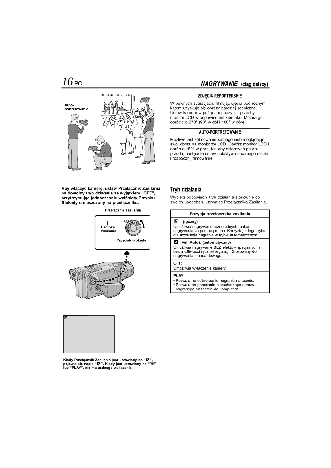 JVC GR-DVL145 manual Tryb działania, Nagrywanie ciąg dalszy, Pozycja przełącznika zasilania, Ręczny, Full Auto automatyczny 