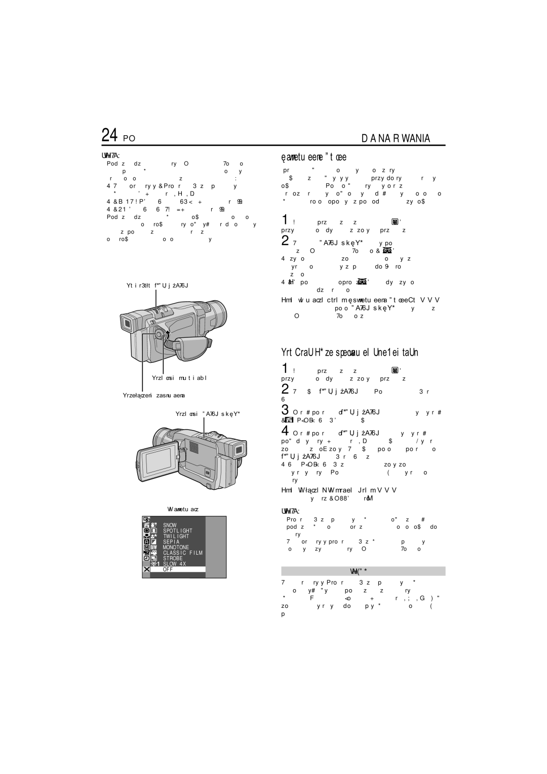 JVC GR-DVL145 manual 24 PO, Oświetlenie Nocne, Aby wylaczyc tryb Oswietlenia Nocnego, Aby Wyłączyć Wybrany Tryb 